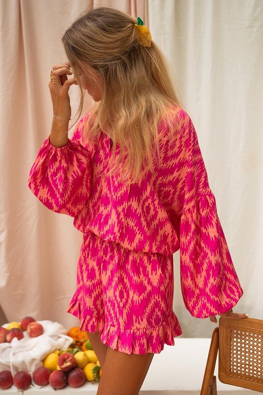 Aztec Geometric Print Top and Ruffled Shorts Set - p3 Boutique