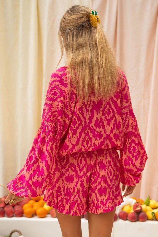 Aztec Geometric Print Top and Ruffled Shorts Set - p3 Boutique
