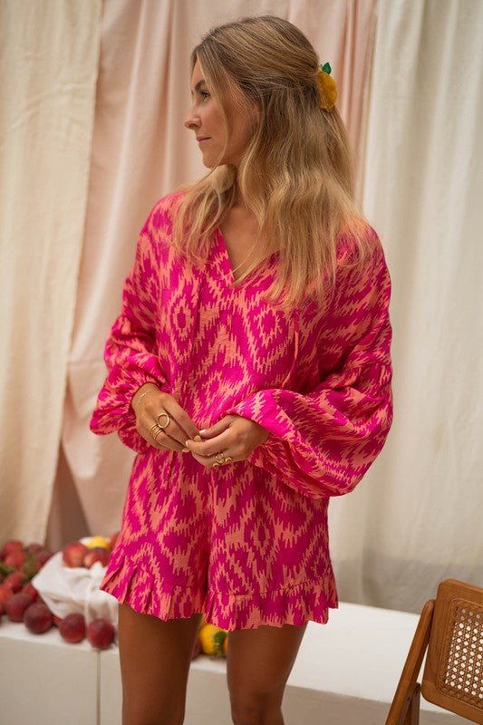Aztec Geometric Print Top and Ruffled Shorts Set - p3 Boutique