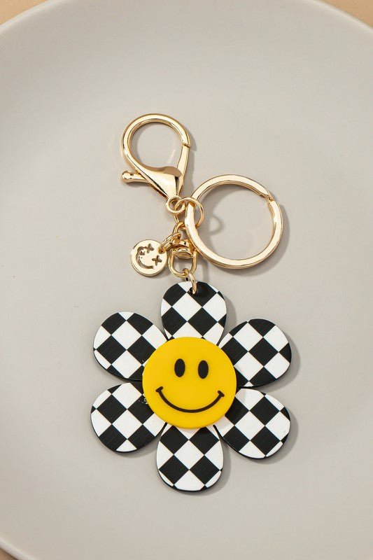 Big checker flower key chain with smiley face - p3 Boutique