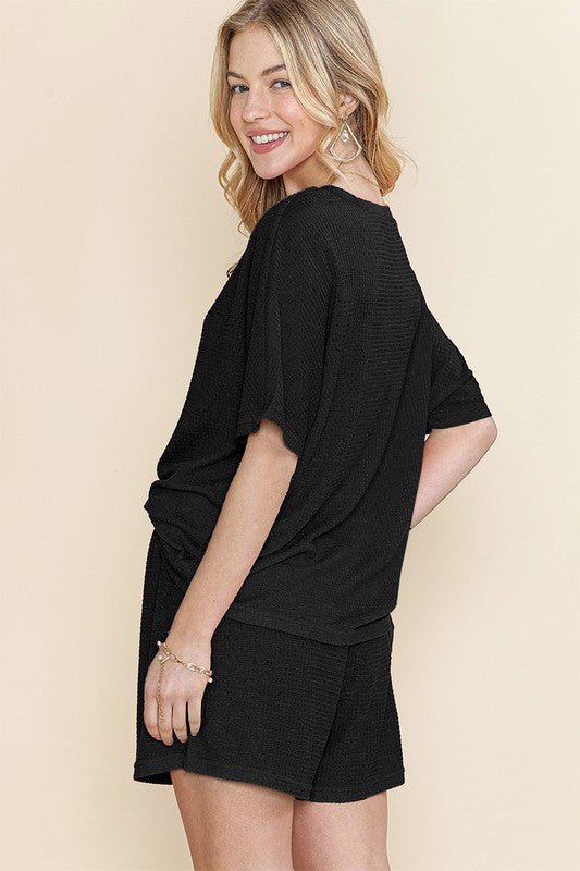 Casual Textured Tee and Drawstring Shorts Set - p3 Boutique