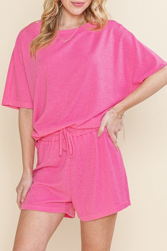 Casual Textured Tee and Drawstring Shorts Set - p3 Boutique