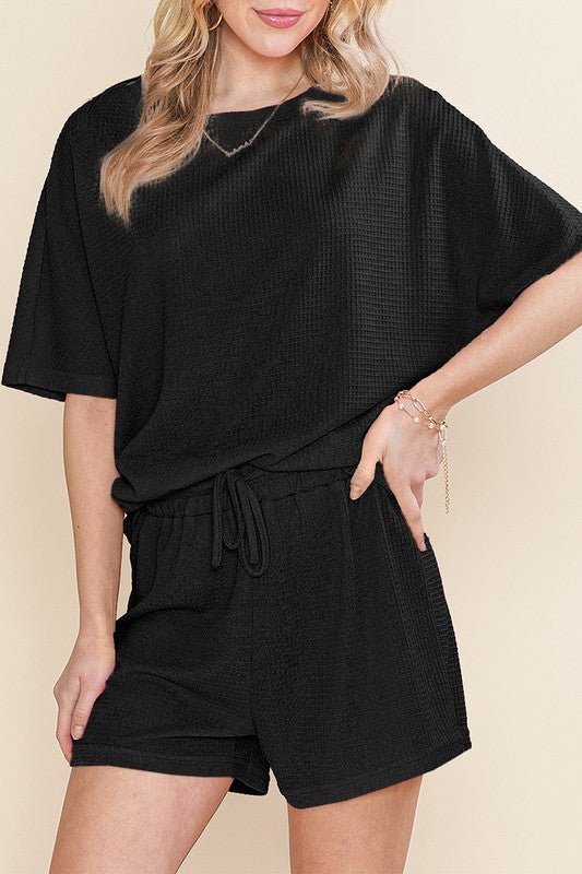 Casual Textured Tee and Drawstring Shorts Set - p3 Boutique