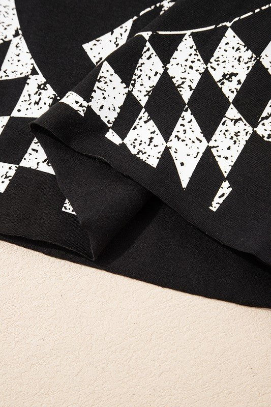 Checkerboard Peace Sign Printed Round Neck T Shirt - p3 Boutique