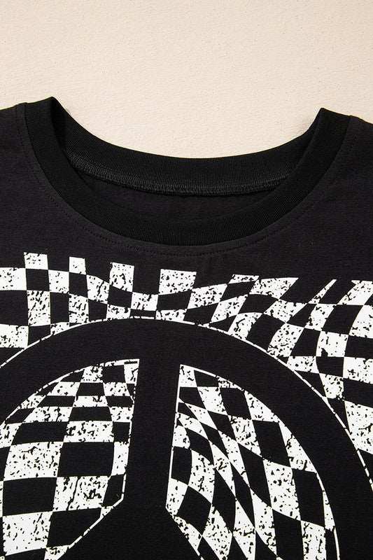 Checkerboard Peace Sign Printed Round Neck T Shirt - p3 Boutique