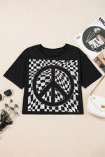 Checkerboard Peace Sign Printed Round Neck T Shirt - p3 Boutique