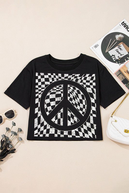 Checkerboard Peace Sign Printed Round Neck T Shirt - p3 Boutique