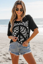 Checkerboard Peace Sign Printed Round Neck T Shirt - p3 Boutique