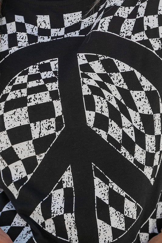 Checkerboard Peace Sign Printed Round Neck T Shirt - p3 Boutique
