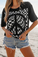 Checkerboard Peace Sign Printed Round Neck T Shirt - p3 Boutique