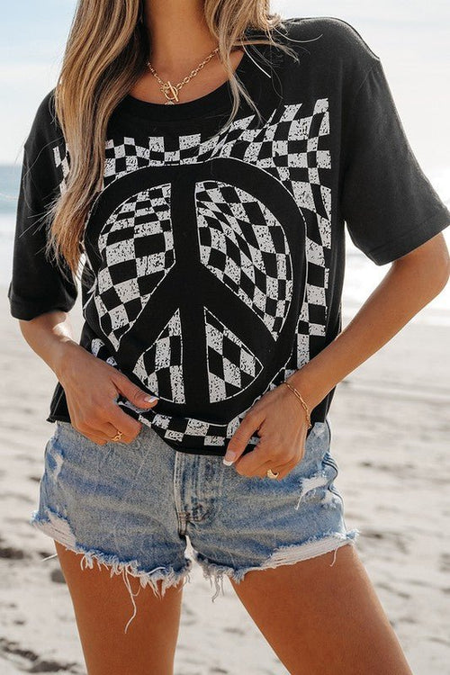 Checkerboard Peace Sign Printed Round Neck T Shirt - p3 Boutique