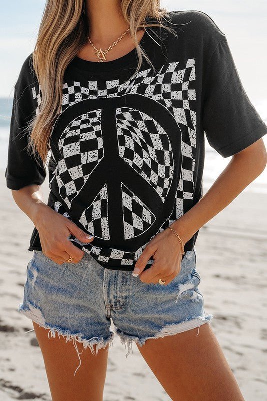 Checkerboard Peace Sign Printed Round Neck T Shirt - p3 Boutique
