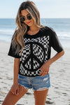 Checkerboard Peace Sign Printed Round Neck T Shirt - p3 Boutique
