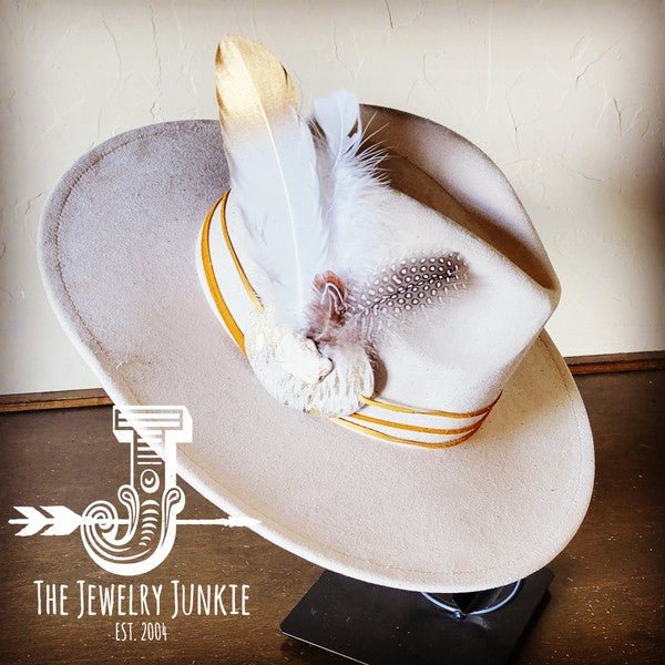 CreamMetallic Feather&Turq Slab Hatband Choice Hat - p3 Boutique