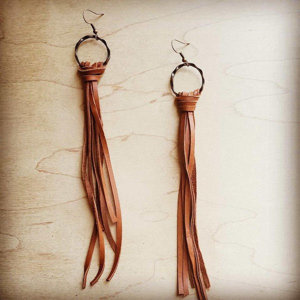 Deer Skin Leather Tassel Earring - Saddle Tan - p3 Boutique