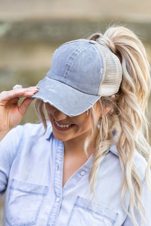 Distressed Messy Bun Hat Cap - p3 Boutique