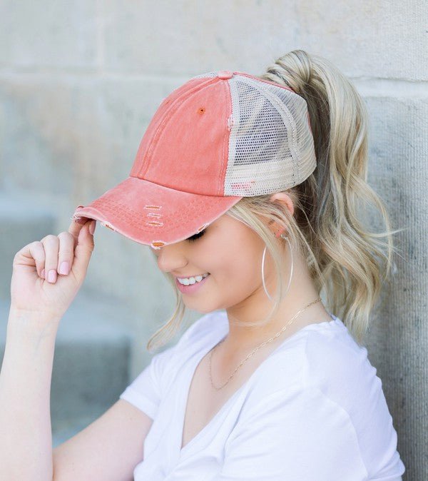 Distressed Messy Bun Hat Cap - p3 Boutique