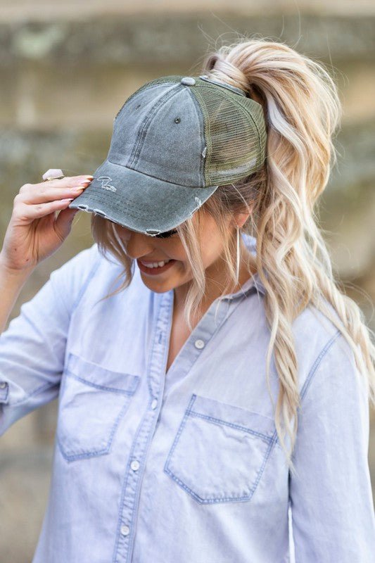 Distressed Messy Bun Hat Cap - p3 Boutique