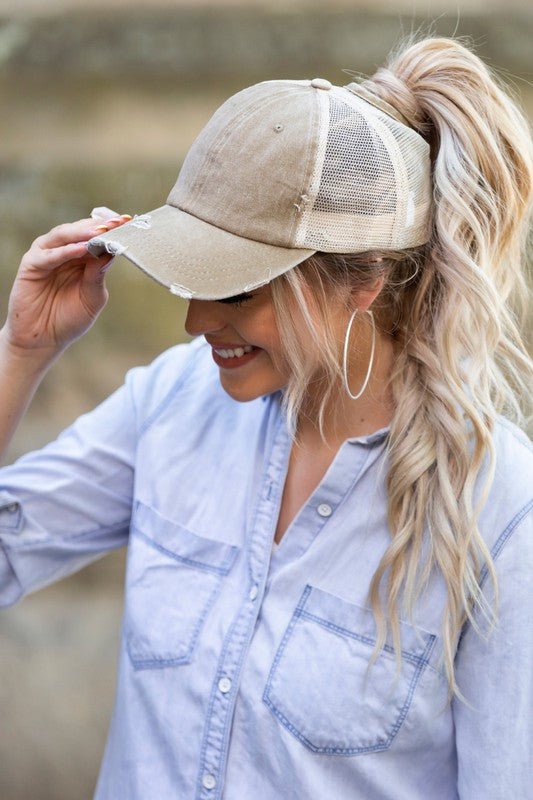 Distressed Messy Bun Hat Cap - p3 Boutique