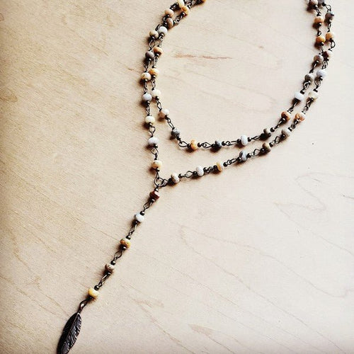 Double Lariat Natural Agate Necklace w/ Feather - p3 Boutique