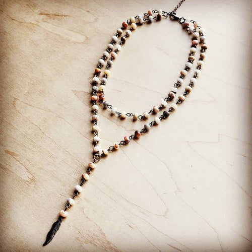 Double Lariat Natural Agate Necklace w/ Feather - p3 Boutique