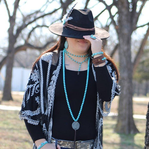Double Lariat Turquoise Necklace w/ Copper Feather - p3 Boutique