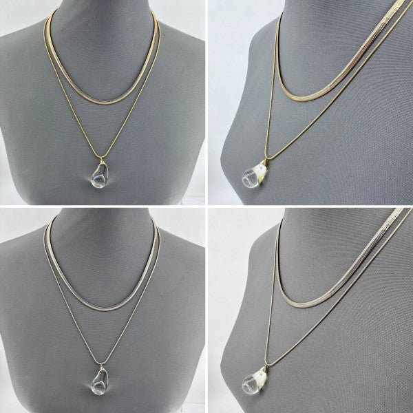 Double Layer Necklace with Clear Teardrop Pendant - p3 Boutique
