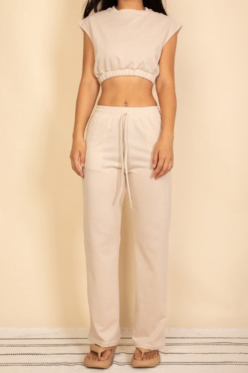 Elastic Hem Crop Top & Wide Leg Pants Set - p3 Boutique