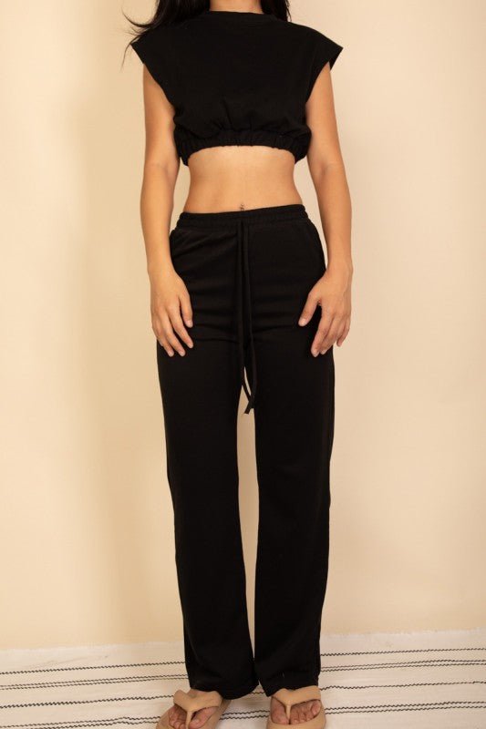 Elastic Hem Crop Top & Wide Leg Pants Set - p3 Boutique
