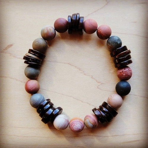 Frosted PIcasso Jasper and Wood Stretch Bracelet - p3 Boutique