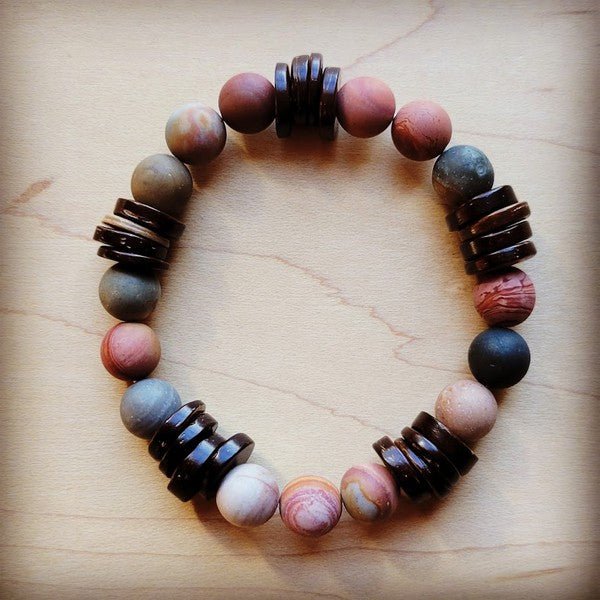 Frosted PIcasso Jasper and Wood Stretch Bracelet - p3 Boutique