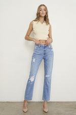 HIGH RISE DISTRESSED GIRLFRIEND JEANS - p3 Boutique