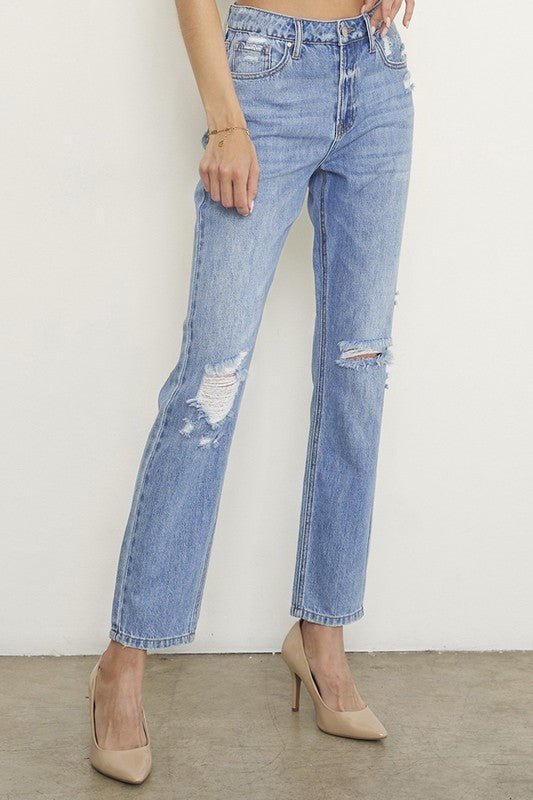 HIGH RISE DISTRESSED GIRLFRIEND JEANS - p3 Boutique