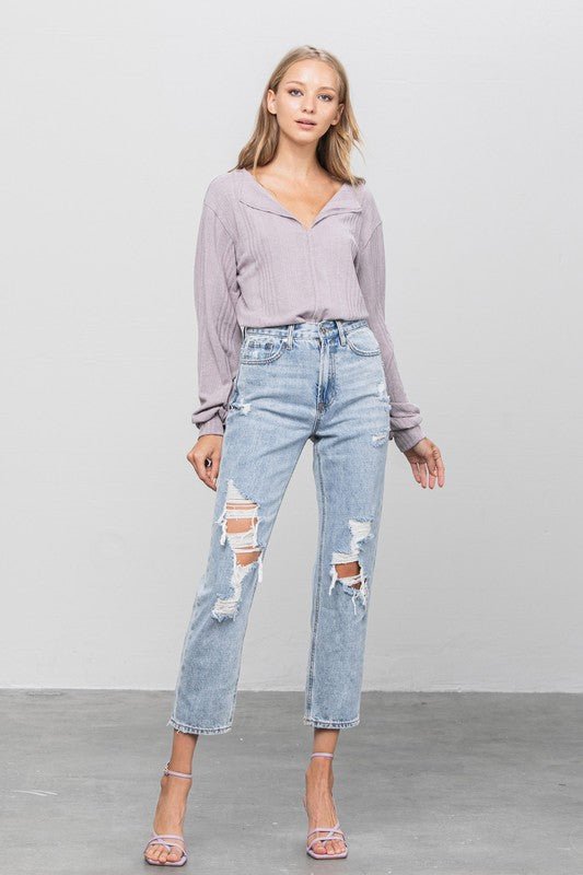 High Rise Ripped Girlfriend Jeans - p3 Boutique