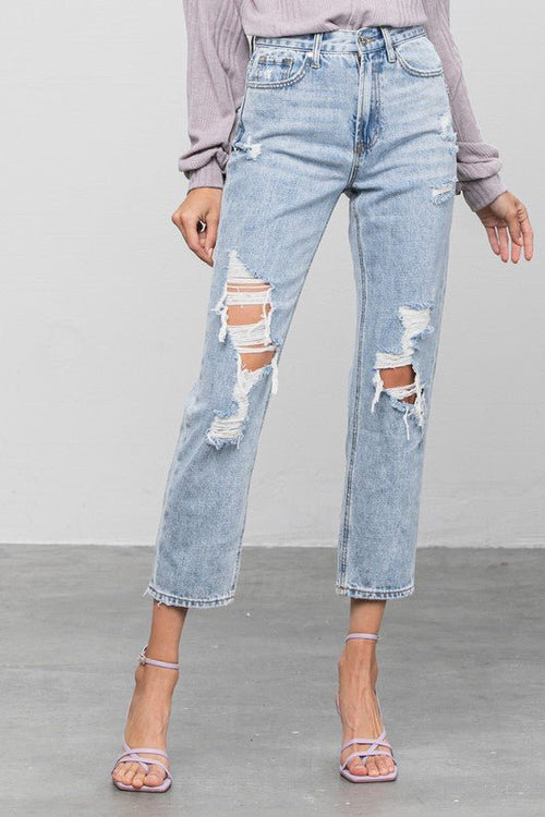 High Rise Ripped Girlfriend Jeans - p3 Boutique