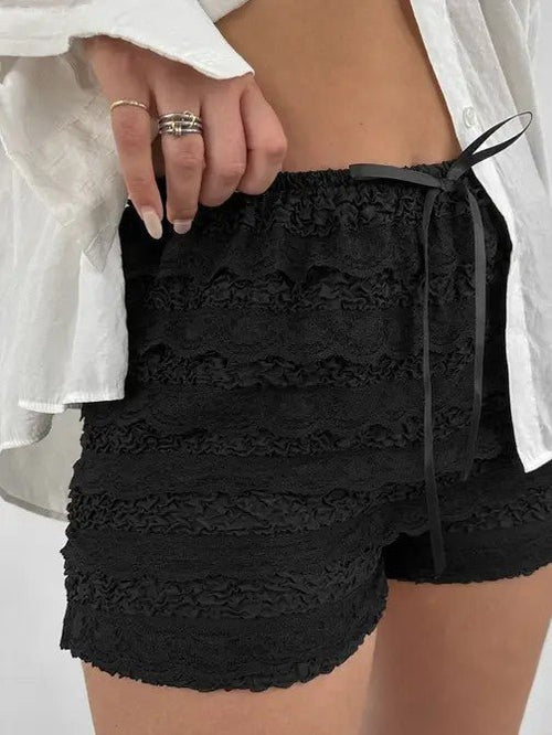 Lace Bow Elastic Waist Shorts - p3 Boutique