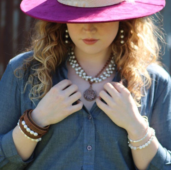 Leather Cuff with Freshwater Pearl Accent Strand - p3 Boutique