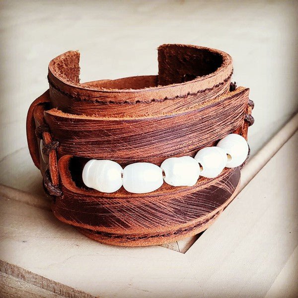 Leather Cuff with Freshwater Pearl Accent Strand - p3 Boutique