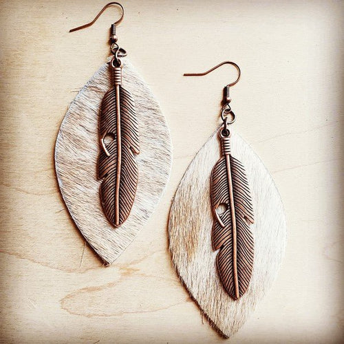 Leather Oval Earrings in Hair with Copper Feather - p3 Boutique