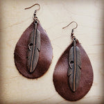Leather Teardrop Earrings Brown w/ Copper Feather - p3 Boutique