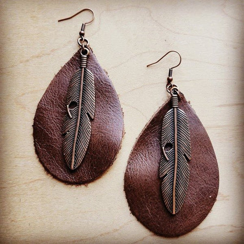 Leather Teardrop Earrings Brown w/ Copper Feather - p3 Boutique