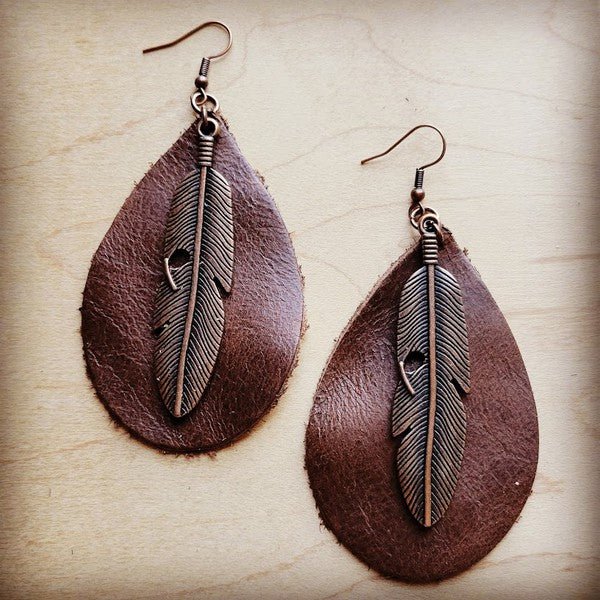Leather Teardrop Earrings Brown w/ Copper Feather - p3 Boutique