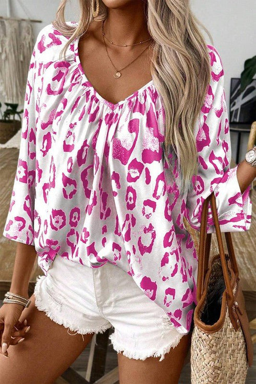 Leopard Print Ruched V Neck 3/4 Sleeve Blouse - p3 Boutique