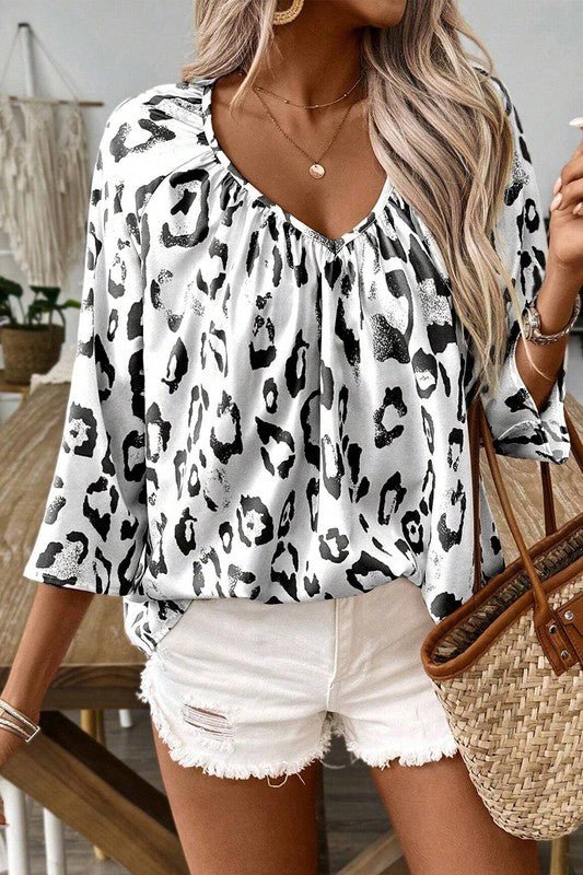 Leopard Print Ruched V Neck 3/4 Sleeve Blouse - p3 Boutique