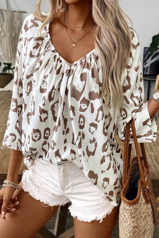 Leopard Print Ruched V Neck 3/4 Sleeve Blouse - p3 Boutique
