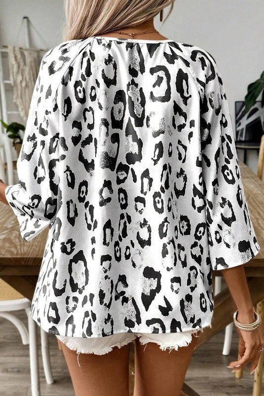 Leopard Print Ruched V Neck 3/4 Sleeve Blouse - p3 Boutique