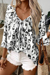 Leopard Print Ruched V Neck 3/4 Sleeve Blouse - p3 Boutique