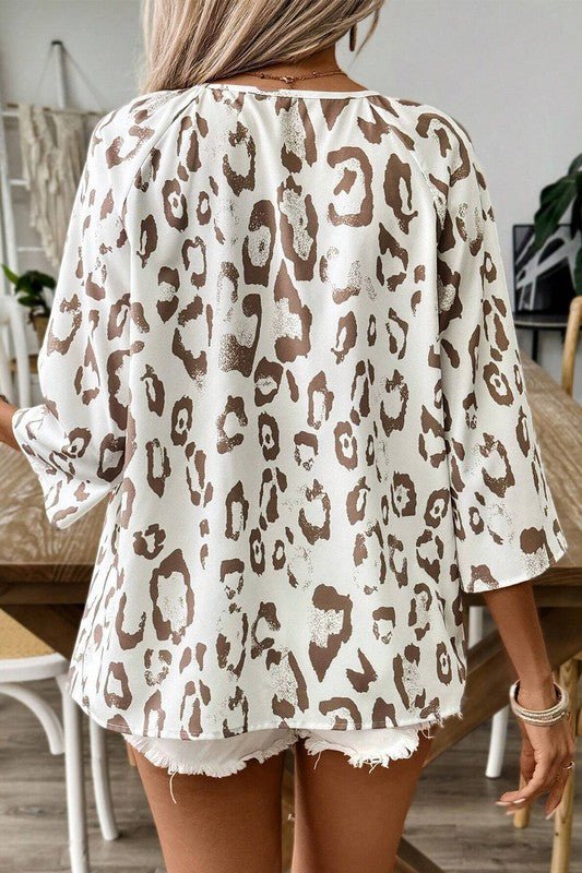 Leopard Print Ruched V Neck 3/4 Sleeve Blouse - p3 Boutique