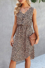 Leopard V Neck Sleeveless Button Fit Midi Dress - p3 Boutique