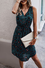Leopard V Neck Sleeveless Button Fit Midi Dress - p3 Boutique